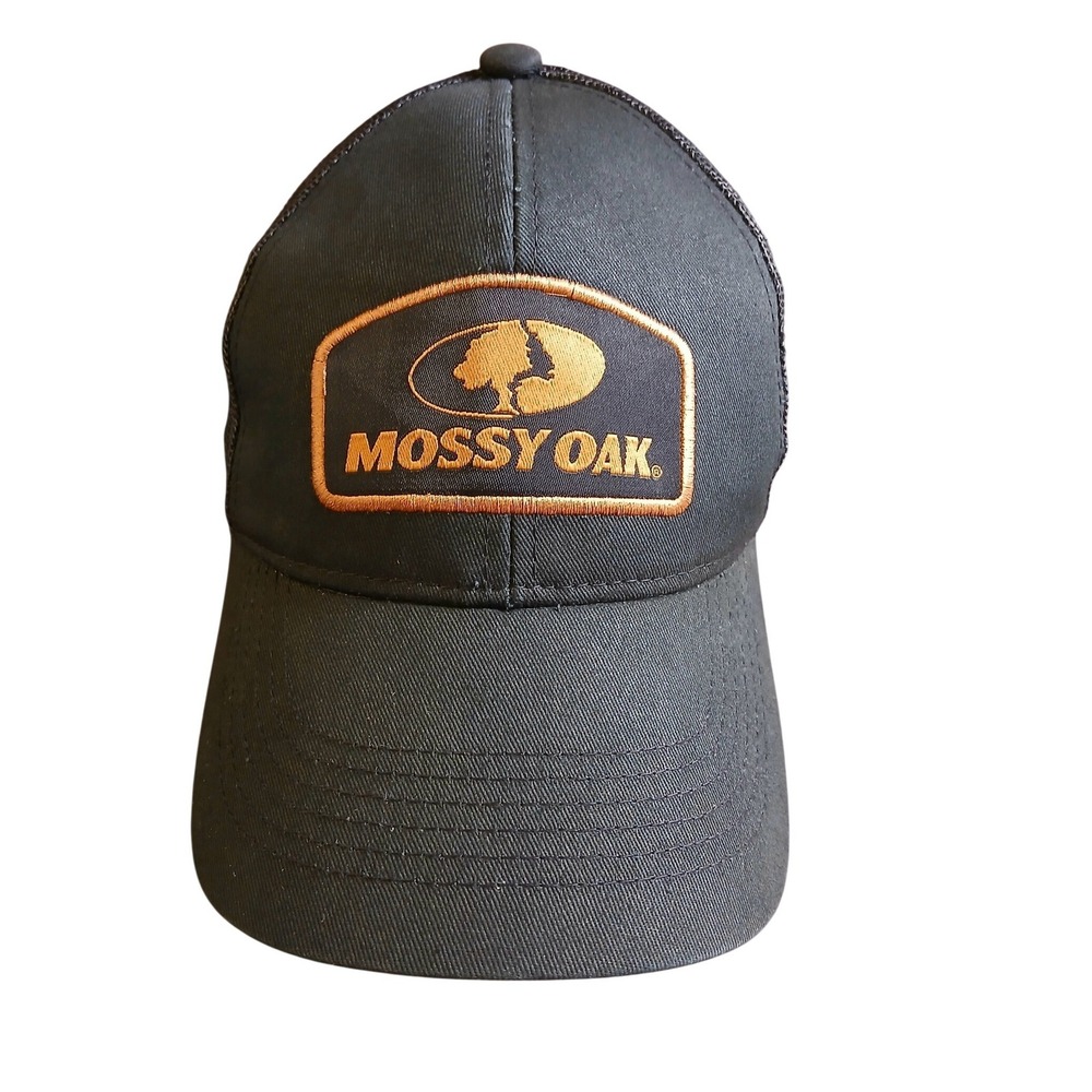 Mossy Oak Black Trucker Hat Gold Embroidered Logo Patch Snapback Mesh Cap OSFM